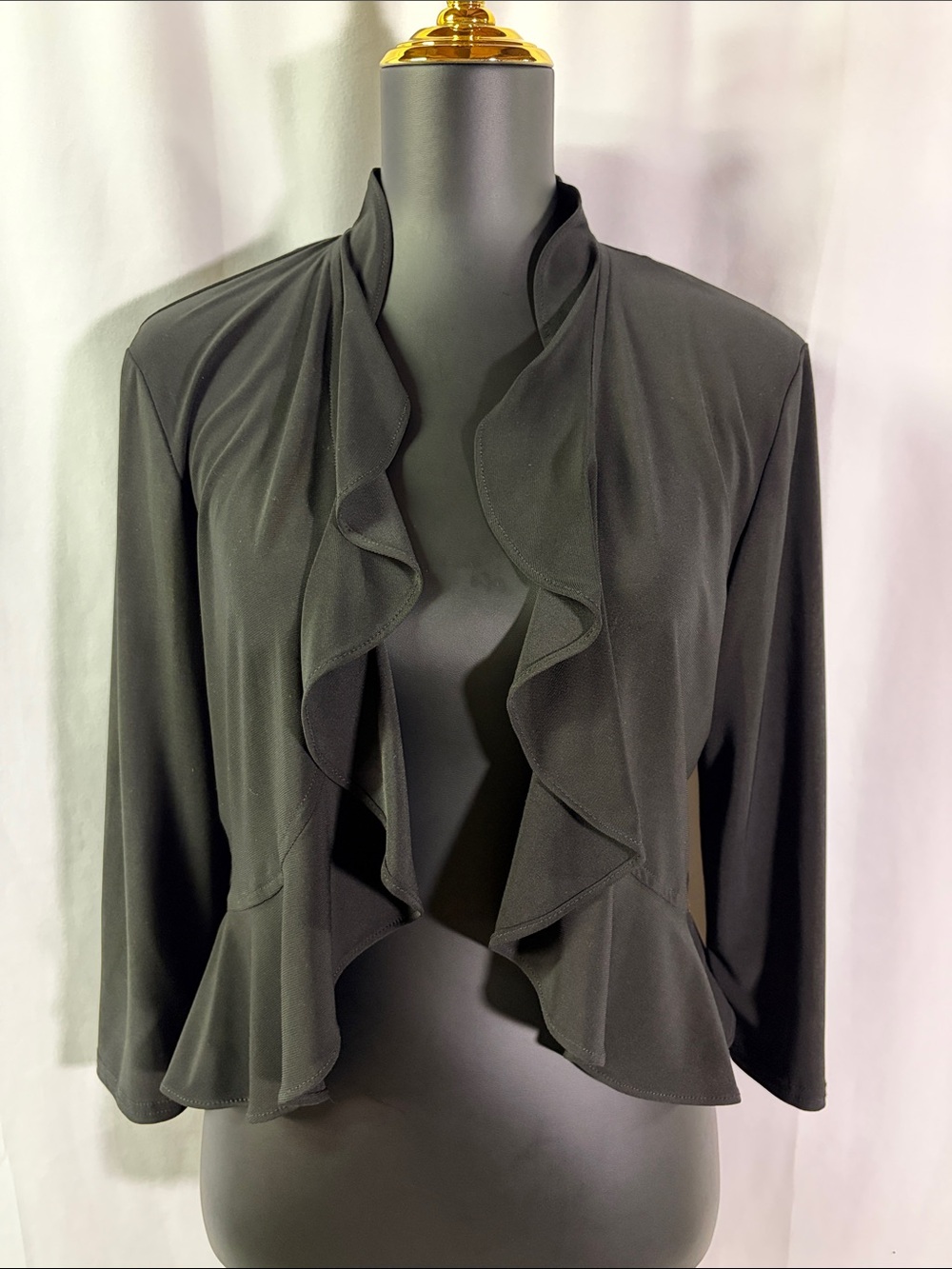 R&M Richard’s Black 3/4 Sleeve Ruffled Open Front Shrug Jacket